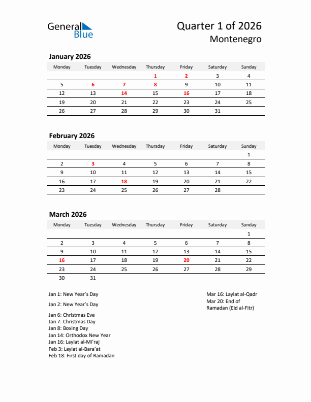 2026 Q1 Three-Month Calendar for Montenegro