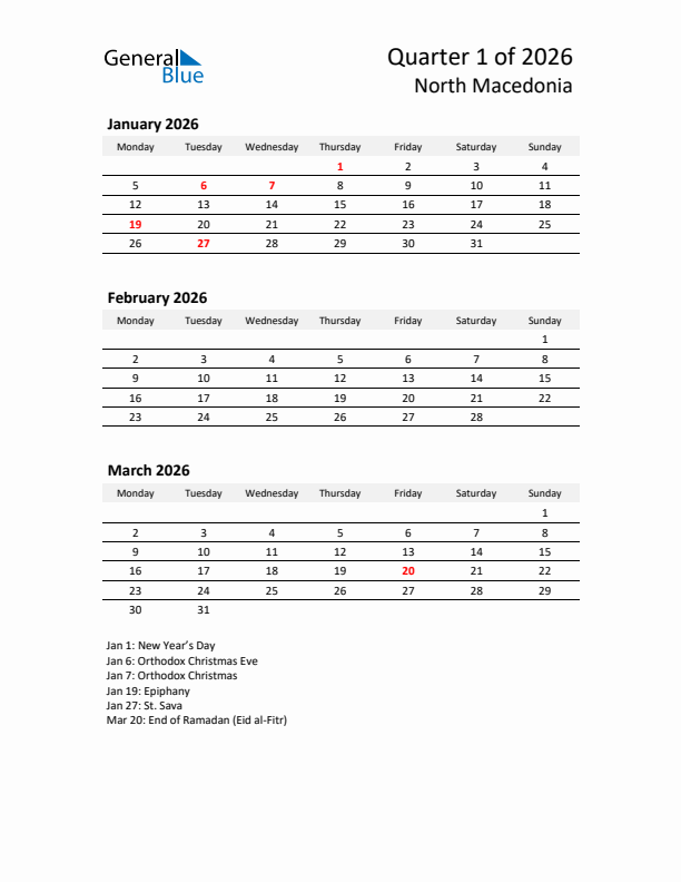 2026 Q1 Three-Month Calendar for North Macedonia