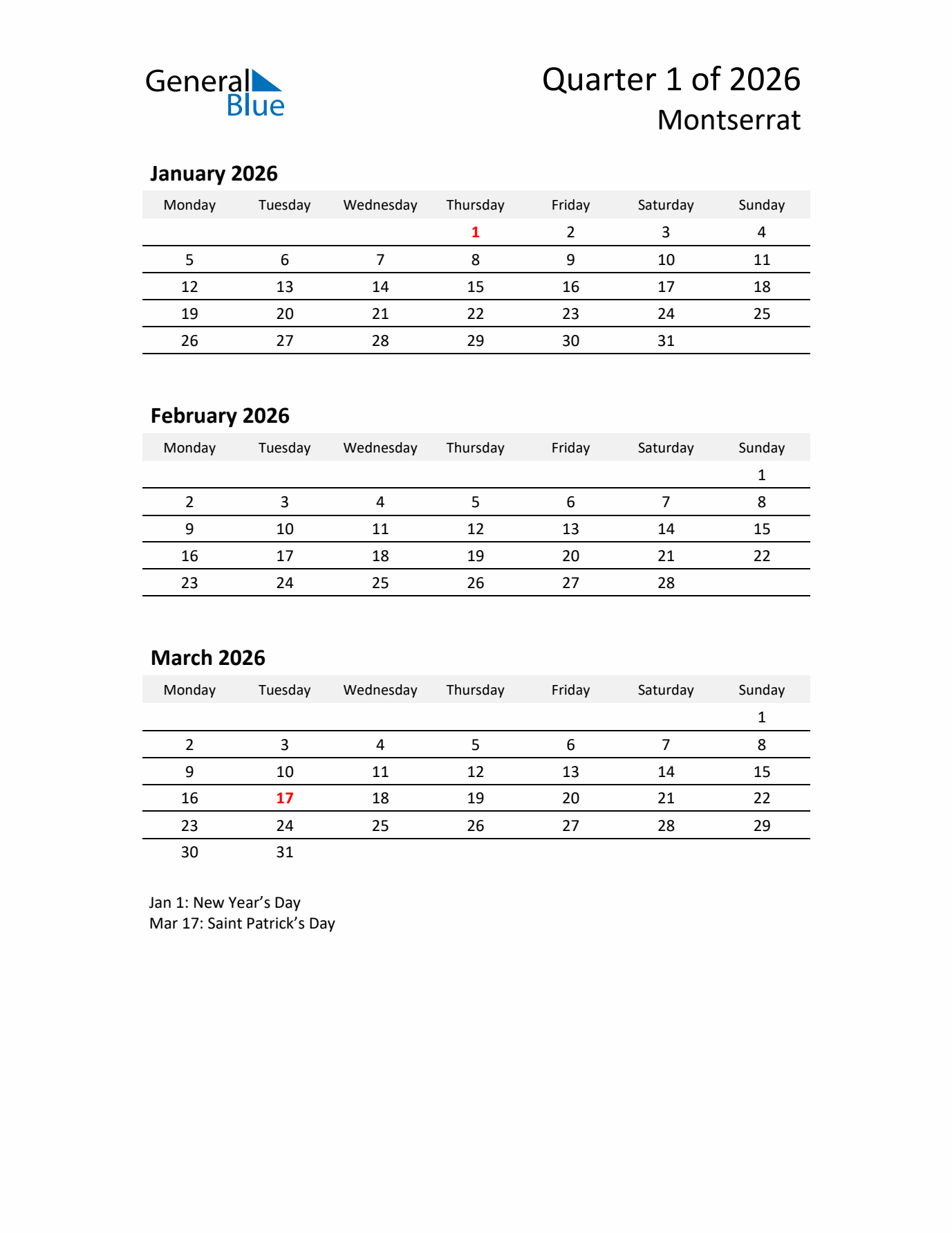 2026 Q1 Three-Month Calendar for Montserrat