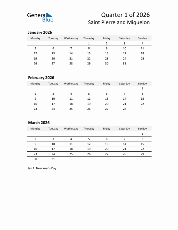 2026 Q1 Three-Month Calendar for Saint Pierre and Miquelon