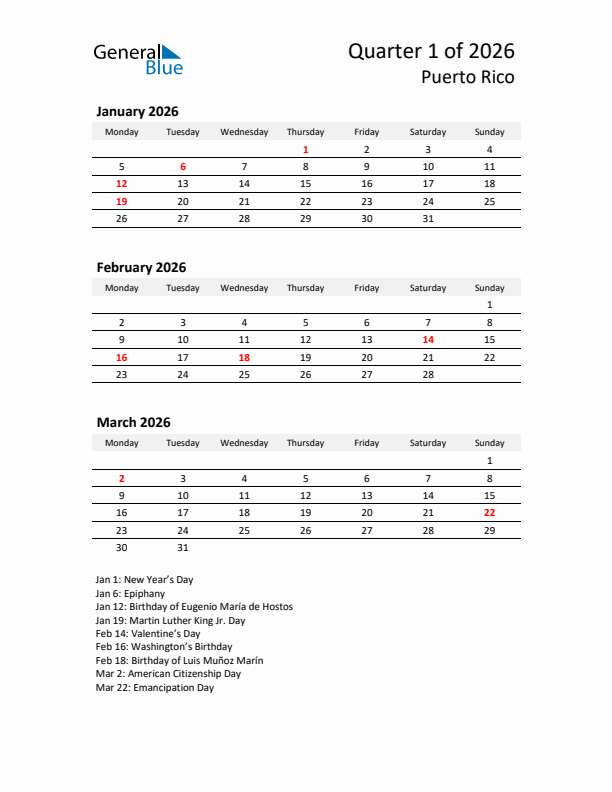 2026 Q1 Three-Month Calendar for Puerto Rico