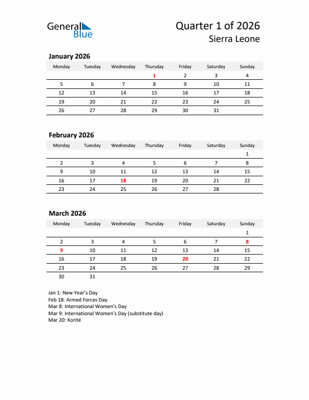 2026 Q1 Three-Month Calendar for Sierra Leone