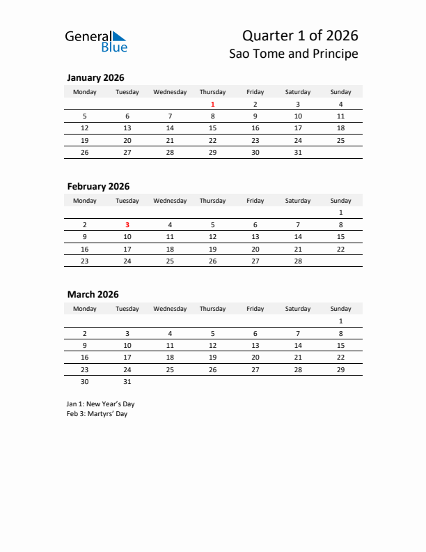 2026 Q1 Three-Month Calendar for Sao Tome and Principe