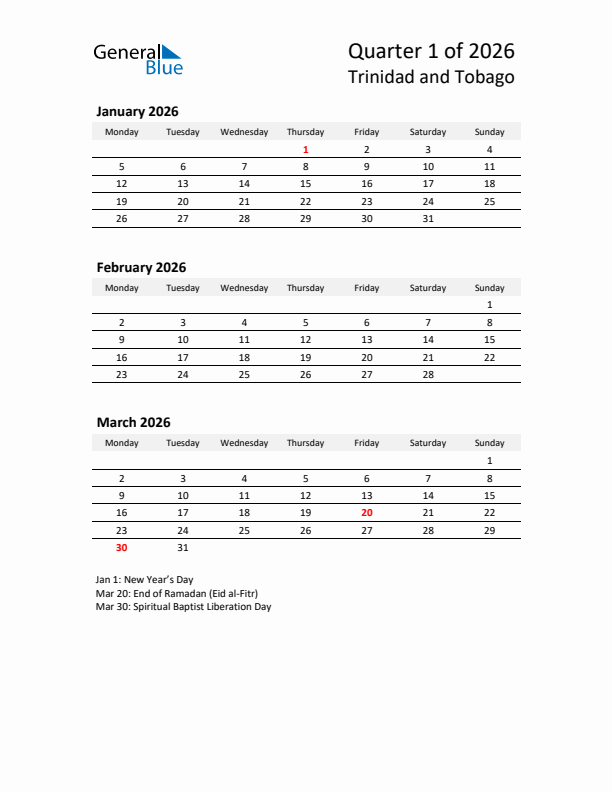 2026 Q1 Three-Month Calendar for Trinidad and Tobago