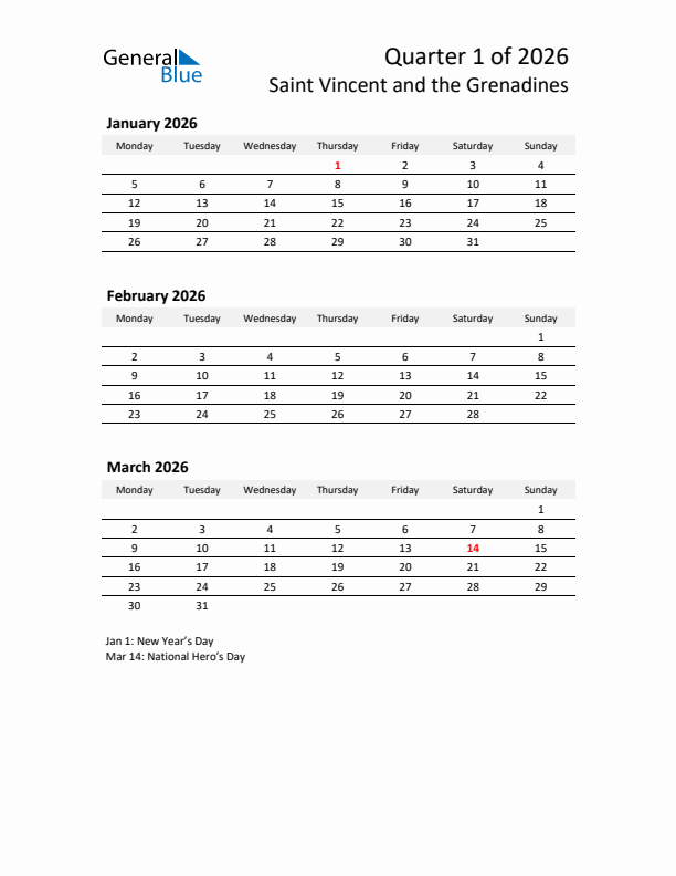2026 Q1 Three-Month Calendar for Saint Vincent and the Grenadines