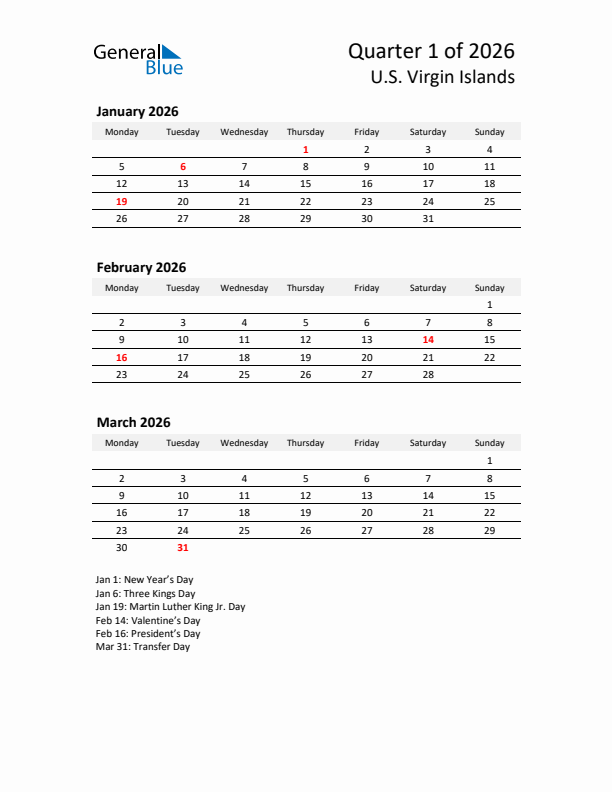 2026 Q1 Three-Month Calendar for U.S. Virgin Islands