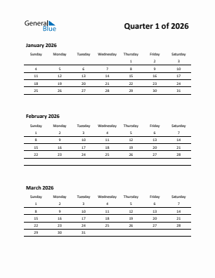 Quarter 1  2026 calendar template