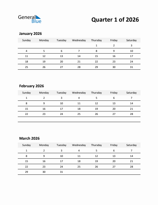 Quarter 1 2026 calendar template