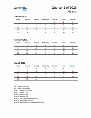 Albania Quarter 1  2026 calendar template