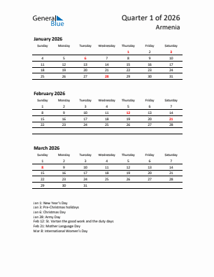 Armenia Quarter 1  2026 calendar template