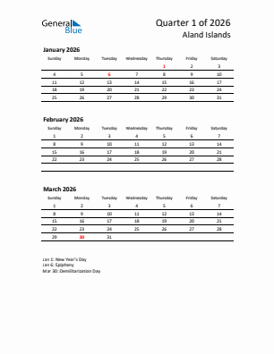 Aland Islands Quarter 1  2026 calendar template