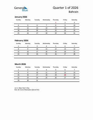 Bahrain Quarter 1  2026 calendar template