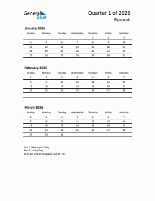 Burundi Quarter 1  2026 calendar template