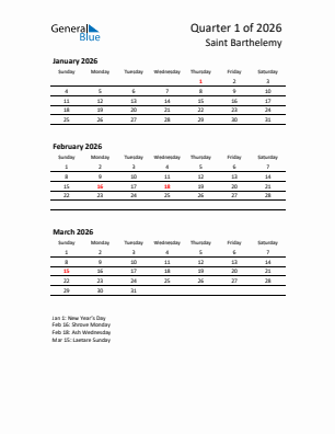 Saint Barthelemy Quarter 1  2026 calendar template