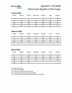 Democratic Republic of the Congo Quarter 1  2026 calendar template