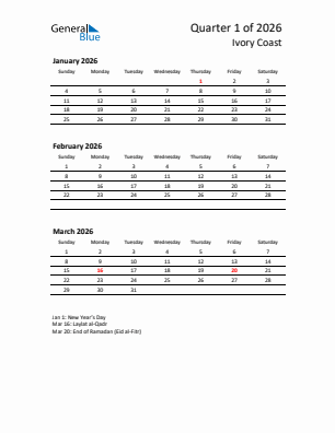 Ivory Coast Quarter 1  2026 calendar template