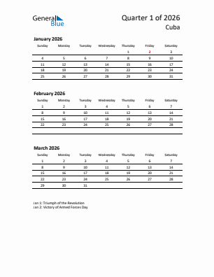 Cuba Quarter 1  2026 calendar template