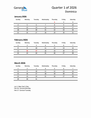 Dominica Quarter 1  2026 calendar template