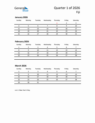 Fiji Quarter 1  2026 calendar template