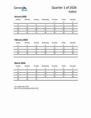 Gabon Quarter 1  2026 calendar template