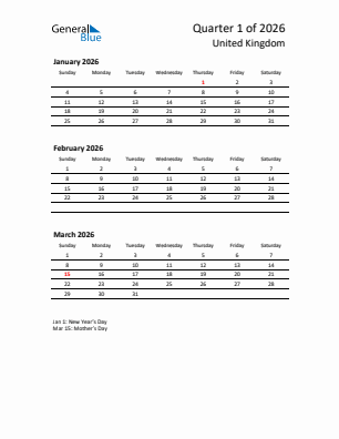 United Kingdom Quarter 1  2026 calendar template