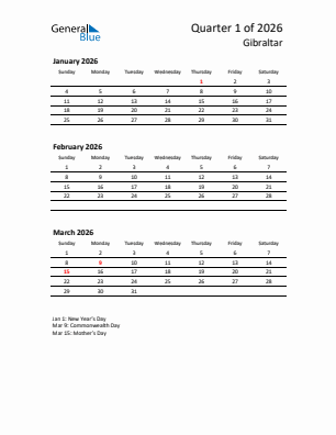 Gibraltar Quarter 1  2026 calendar template