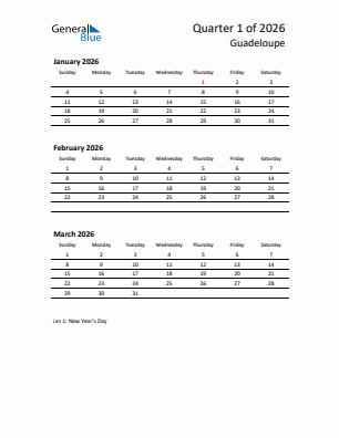 Guadeloupe Quarter 1  2026 calendar template