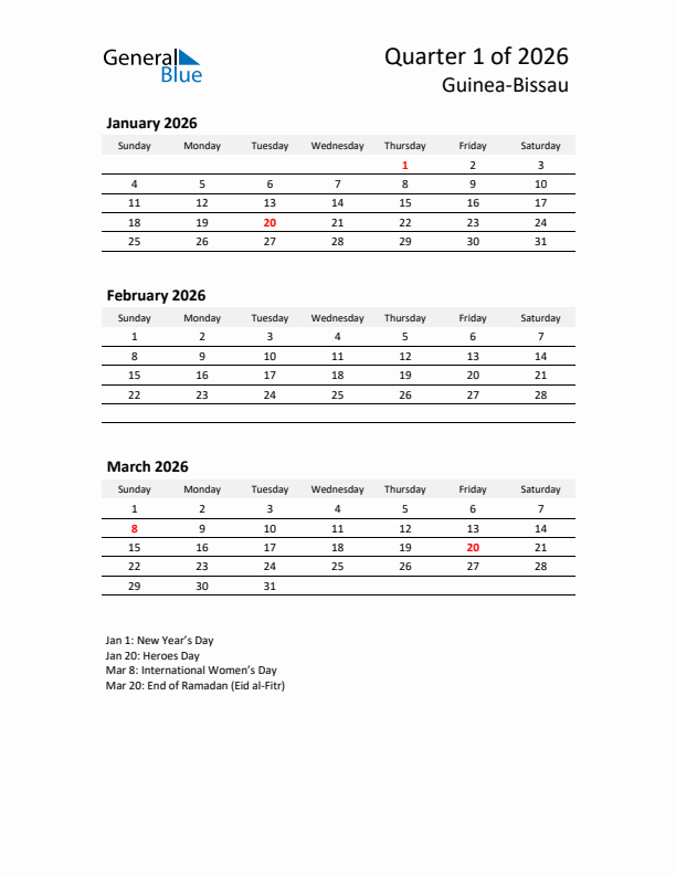 2026 Q1 Three-Month Calendar for Guinea-Bissau