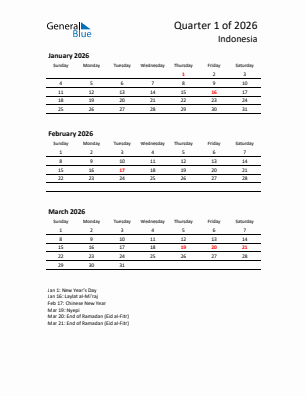 Indonesia Quarter 1  2026 calendar template