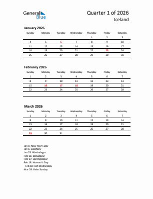 Iceland Quarter 1  2026 calendar template