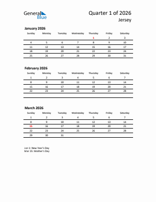 Jersey Quarter 1  2026 calendar template