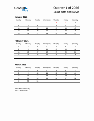 Saint Kitts and Nevis Quarter 1  2026 calendar template