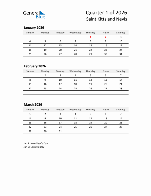 2026 Q1 Three-Month Calendar for Saint Kitts and Nevis