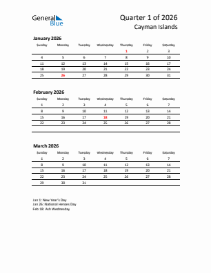 Cayman Islands Quarter 1  2026 calendar template