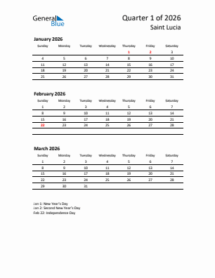 Saint Lucia Quarter 1  2026 calendar template