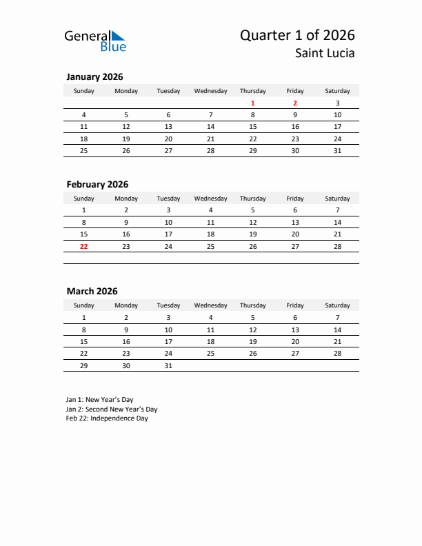 2026 Q1 Three-Month Calendar for Saint Lucia