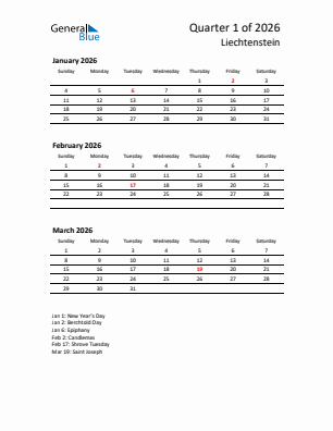 Liechtenstein Quarter 1  2026 calendar template