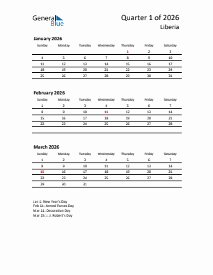 Liberia Quarter 1  2026 calendar template