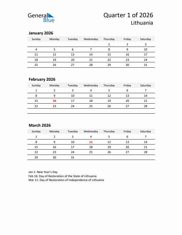 2026 Q1 Three-Month Calendar for Lithuania