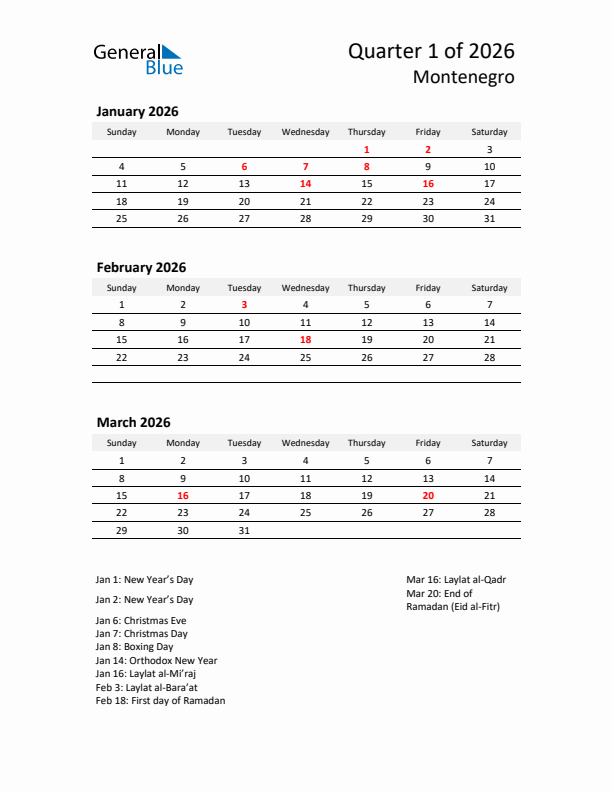 2026 Q1 Three-Month Calendar for Montenegro