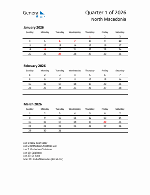 North Macedonia Quarter 1  2026 calendar template