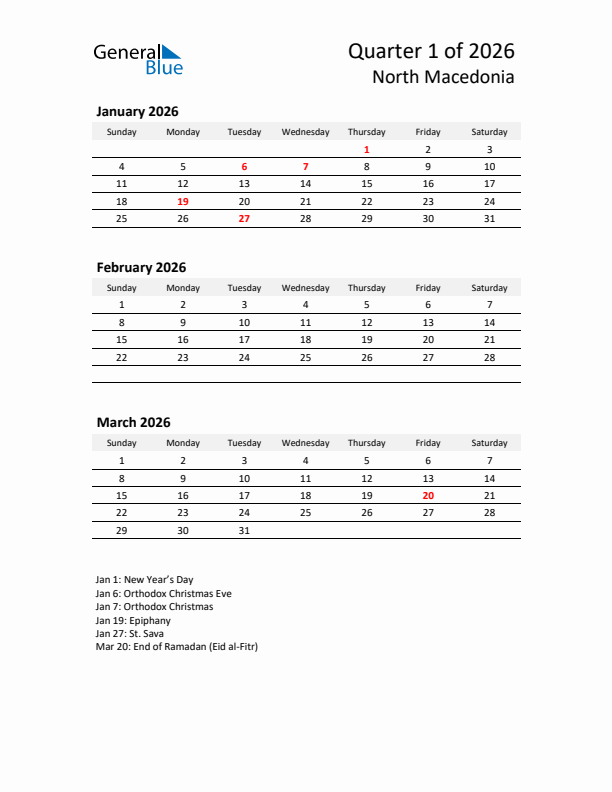 2026 Q1 Three-Month Calendar for North Macedonia
