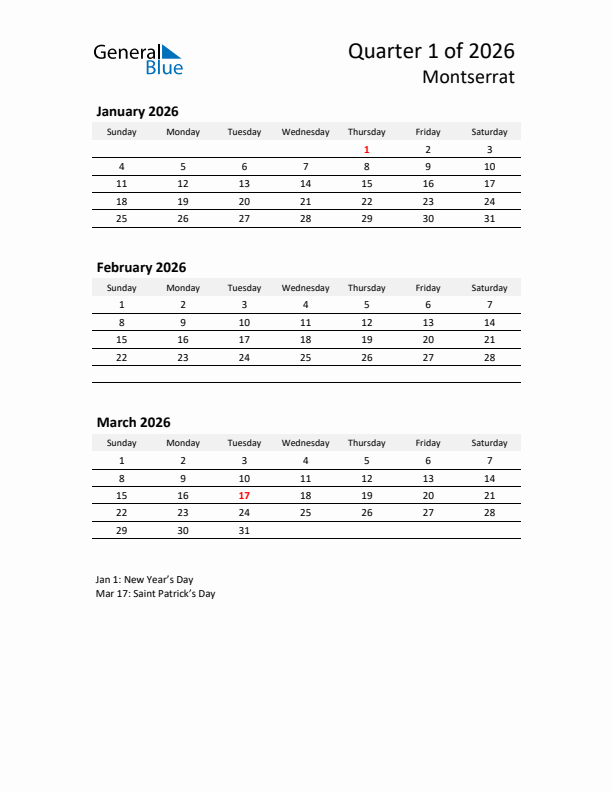 2026 Q1 Three-Month Calendar for Montserrat