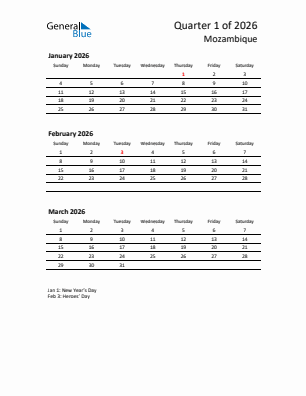 Mozambique Quarter 1  2026 calendar template