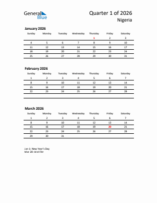 Nigeria Quarter 1  2026 calendar template