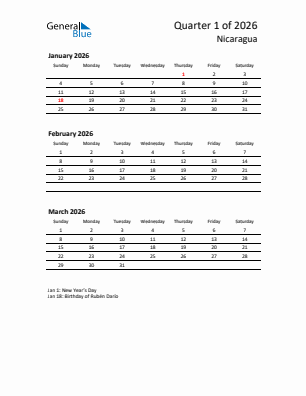 Nicaragua Quarter 1  2026 calendar template