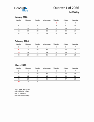 Norway Quarter 1  2026 calendar template