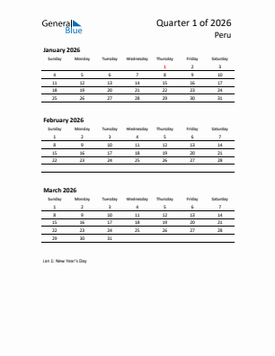 Peru Quarter 1  2026 calendar template