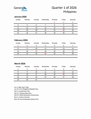 Philippines Quarter 1  2026 calendar template