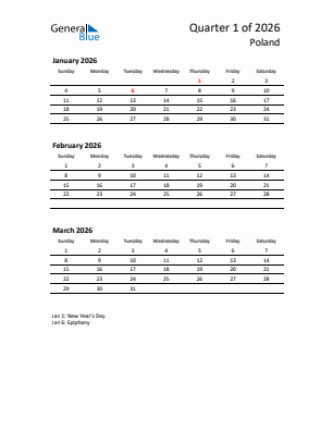 Poland Quarter 1  2026 calendar template